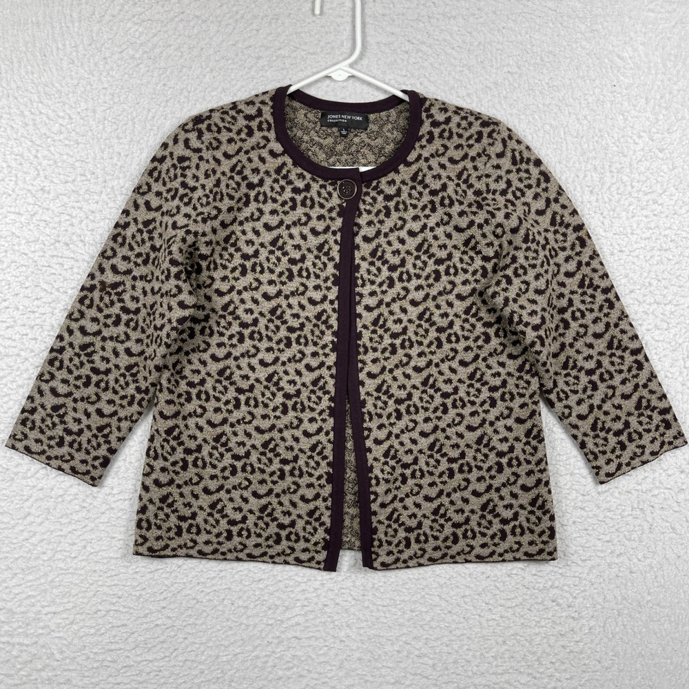Jones New York Cardigan Womens Large Brown Leopard Metallic 3/4 Sleeve Sweater